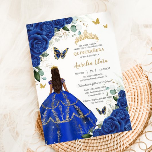 Invitation Princesse Quinceañera Bleue Royale Rose Robe Or