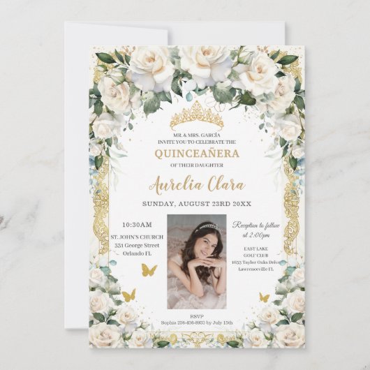 Invitation Princesse Quinceañera Champagne Rose d'ivoire Phot (Devant)