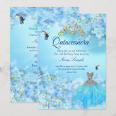 Invitation Princesse Quinceanera cinderella robe bleue floral (Devant / Derrière)