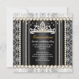 Invitation Princesse Quinceanera Dentelle Diamant Noir Blanc