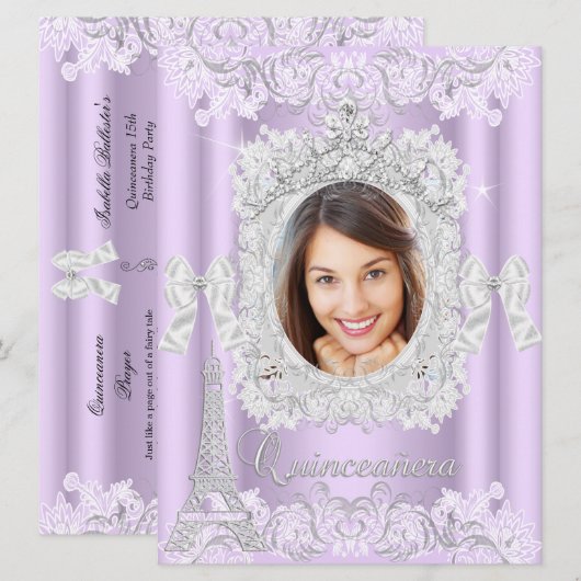 Invitation Princesse Quinceanera dentelle violette photo gran (Devant / Derrière)