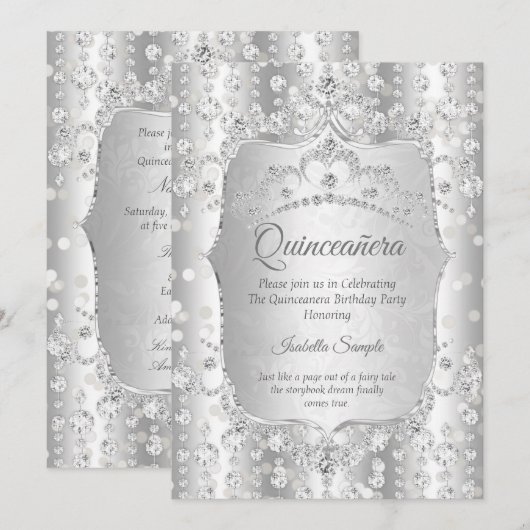 Invitation Princesse Quinceanera diamant argent blanc tiara (Devant / Derrière)