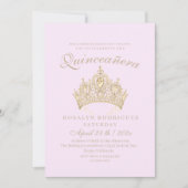 Invitation Princesse Quinceañera Elégante Couronne or rose (Devant)