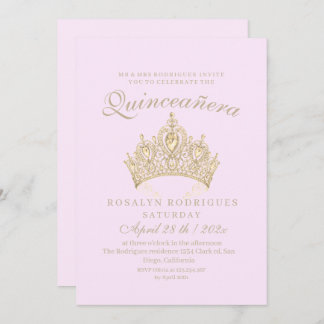 Invitation Princesse Quinceañera Elégante Couronne or rose