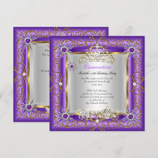 Invitation Princesse Quinceanera Elite Anniversaire Or violet (Devant / Derrière)