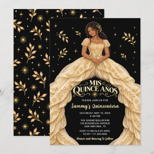 Invitation Princesse Quinceañera Fille Noire en Or