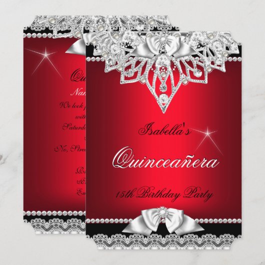 Invitation Princesse Quinceanera Fille Rouge Noir 15e (Devant / Derrière)