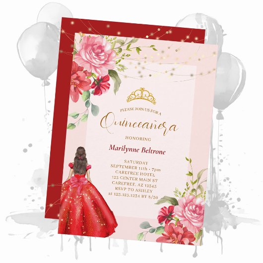 Invitation Princesse Quinceañera Fleurs Rouges