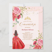 Invitation Princesse Quinceañera Fleurs Rouges (Devant)