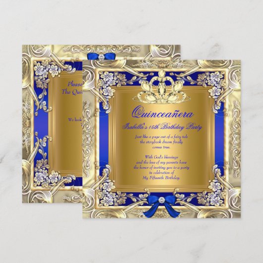 Invitation Princesse Quinceanera Gold Royal Blue Silver Party (Devant / Derrière)