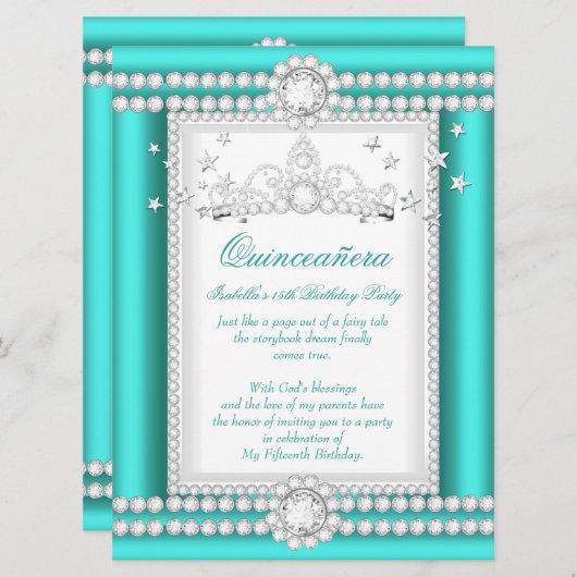 Invitation Princesse Quinceanera Jade Diamant Turquoise Tiara (Devant / Derrière)