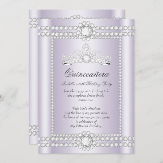Invitation Princesse Quinceanera Lilac Silver Diamond Tiara (Devant / Derrière)