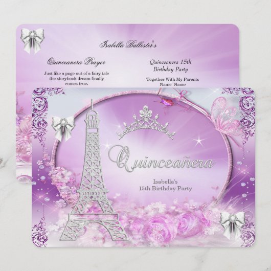 Invitation Princesse Quinceanera Magique Violet Argent (Devant / Derrière)