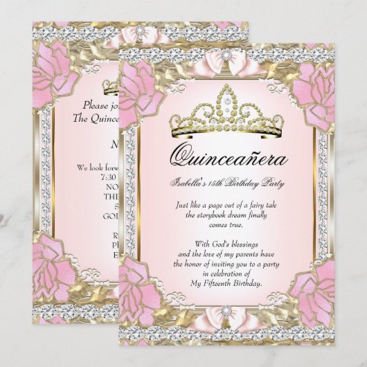 Invitation Princesse Quinceanera Or rose 15e anniversaire 2 (Devant / Derrière)
