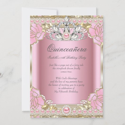 Invitation Princesse Quinceanera Pink Pearl fête d'anniversai (Devant)