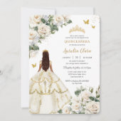 Invitation Princesse Quinceañera Robe d'or Rose blanche en iv (Devant)