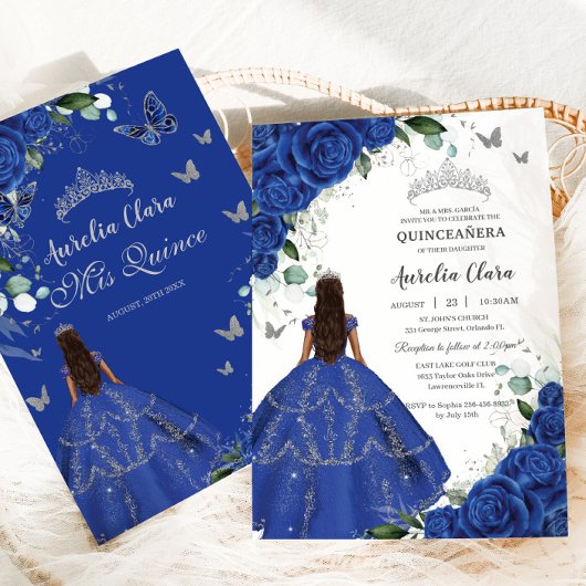 Invitation Princesse Quinceañera Robe royale bleue Rose en ar