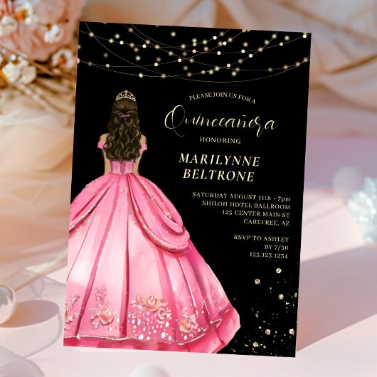 Invitation Princesse Quinceañera rose et or