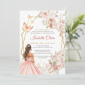 Invitation Princesse Quinceanera rose et or Florale (Debout devant)