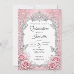 Invitation Princesse Quinceañera Rose Luxueuse Argent