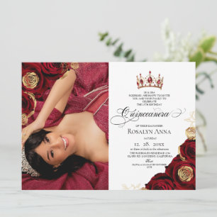 Invitation Princesse Quinceañera Rose Rouge Or 