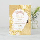 Invitation princesse quinceanera rose tiara jaune or fleuri (Debout devant)