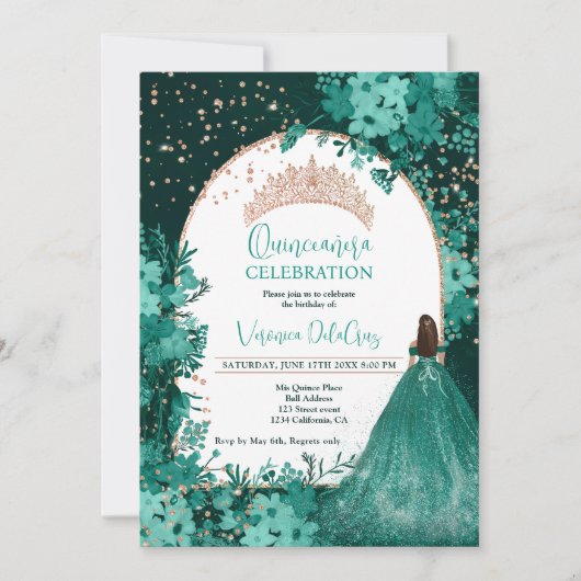 Invitation princesse quinceanera rose tiara verte or vert (Devant)