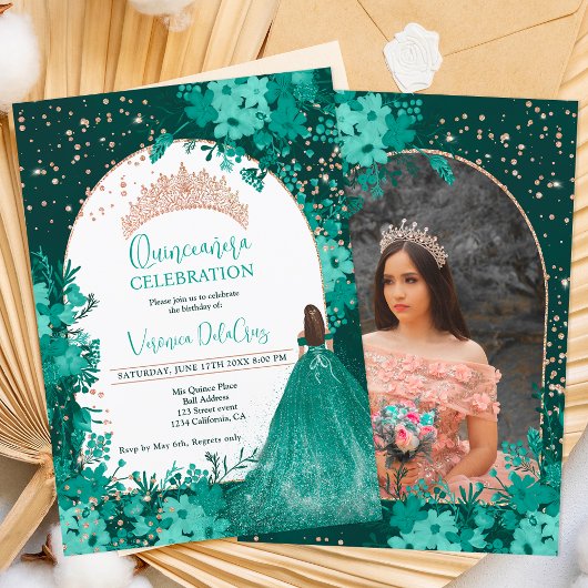 Invitation princesse quinceanera rose tiara verte or vert