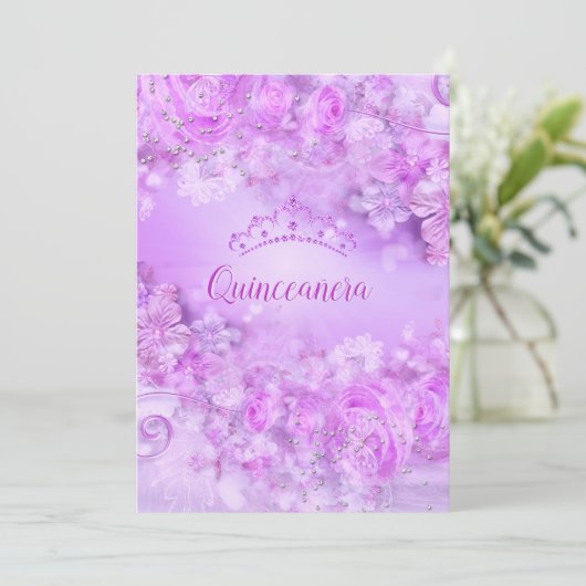 Invitation Princesse Quinceanera rose violet fleurs Tiara (Debout devant)
