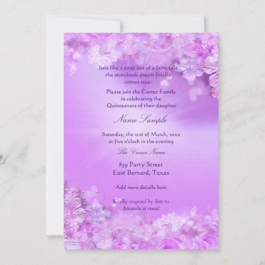 Invitation Princesse Quinceanera rose violet fleurs Tiara (Dos)
