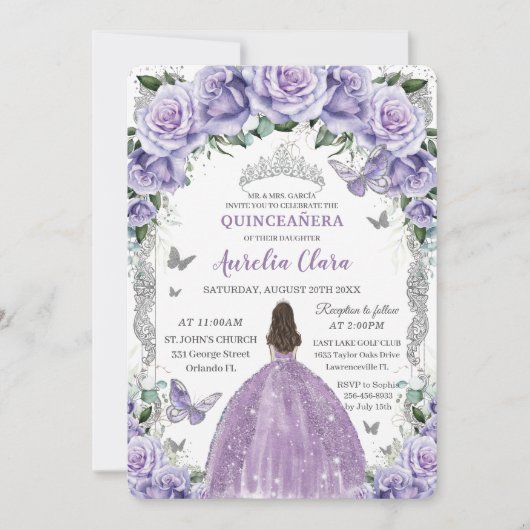 Invitation Princesse Quinceañera Rose violette Floral Argent (Devant)