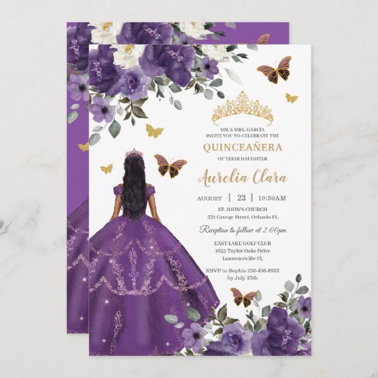 Invitation Princesse Quinceañera Rose violette robe or (Devant / Derrière)