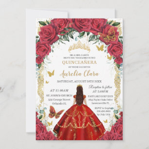 Invitation Princesse Quinceañera Roses rouges Floral Or Vinta