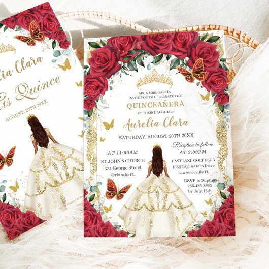 Invitation Princesse Quinceañera Roses rouges Roses blanches 