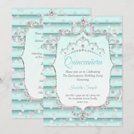 Invitation Princesse Quinceanera turquoise bleu tendre diaman (Devant / Derrière)