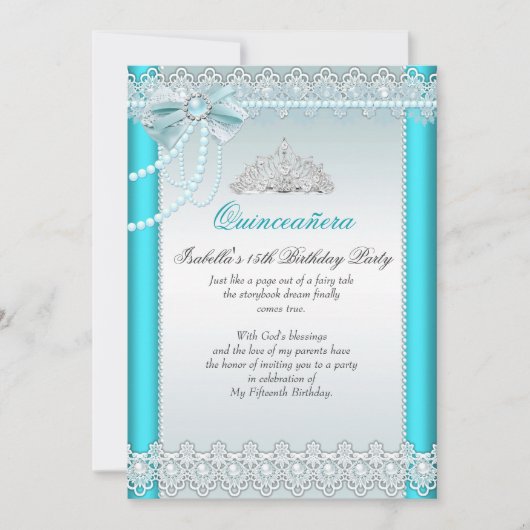 Invitation Princesse Quinceanera Turquoise Blue Lace Pearl 2 (Devant)