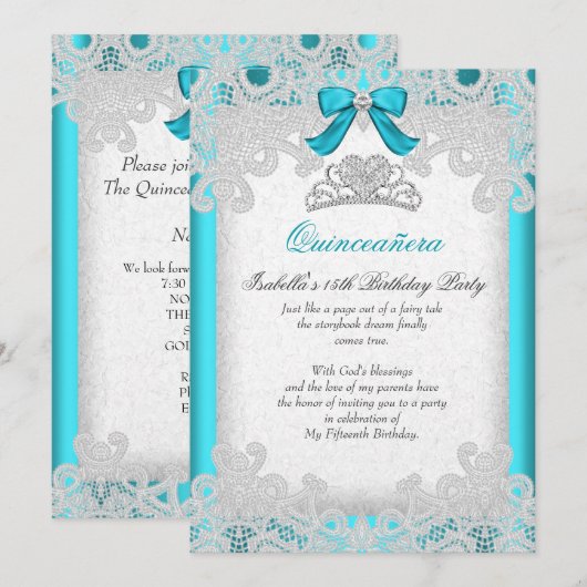Invitation Princesse Quinceanera Turquoise dentelle bleue (Devant / Derrière)
