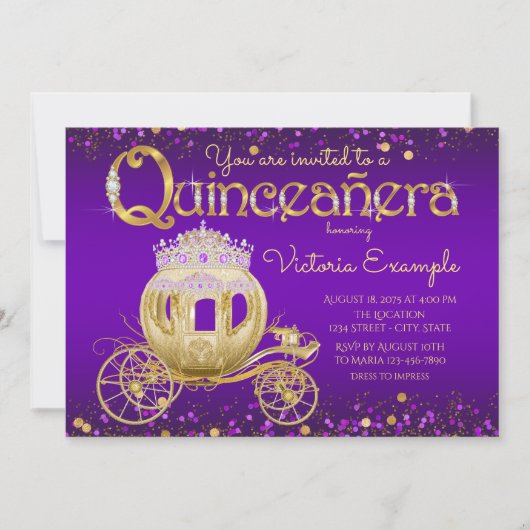 Invitation Princesse Quinceanera violet et or (Devant)