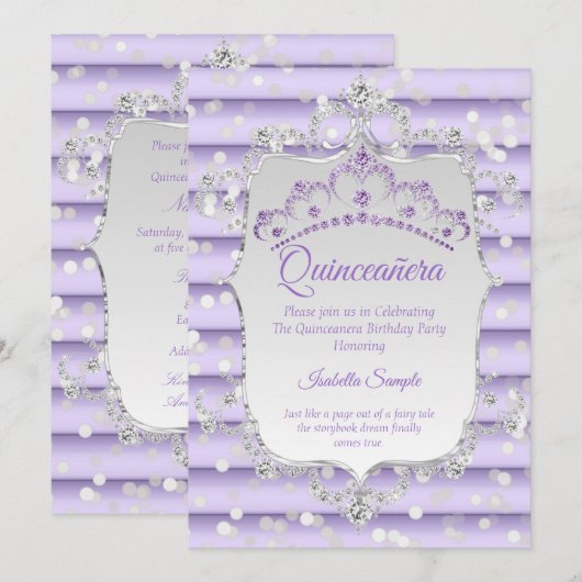 Invitation Princesse Quinceanera violet lilas diamant argent (Devant / Derrière)