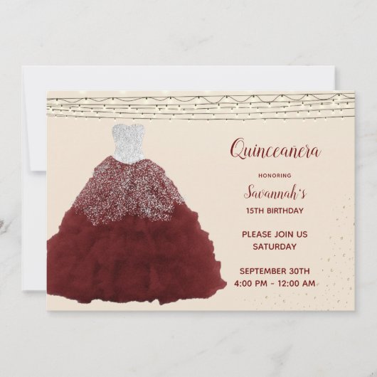 Invitation Princesse Red Gown Lights Quinceanera (Devant)