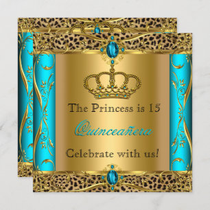 Invitation Princesse Regal Turquoise Leopard Quinceañera