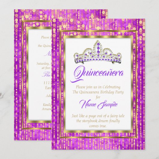 Invitation Princesse Regal Violet Quinceanera Or Blanc (Devant / Derrière)