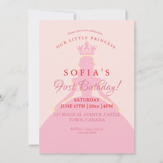 Invitation Princesse Robe Couronne 1er anniversaire (Devant)