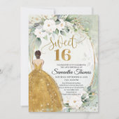 Invitation Princesse robe or roses blanches feuillage vert (Devant)