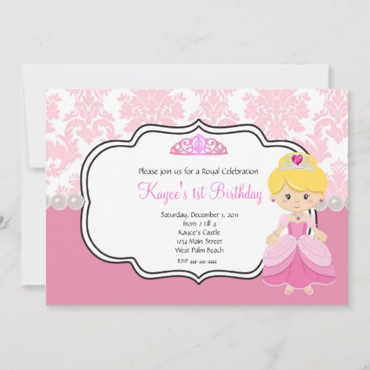 Invitation Princesse Rose cheveux blonds Damask et Perles (Devant)