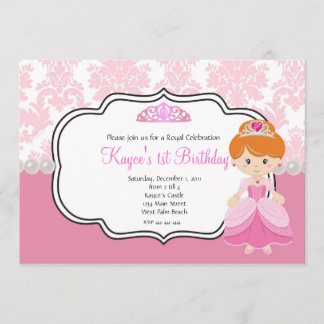 Invitation Princesse Rose Cheveux Rouges Damassé et Perles