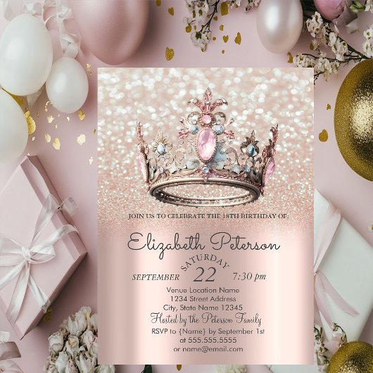 Invitation Princesse Rose de la Couronne Gold Bokeh 18e anniv
