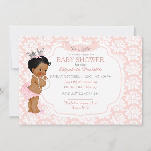 Invitation Princesse Rose et Argent Bébé Fille (Devant)