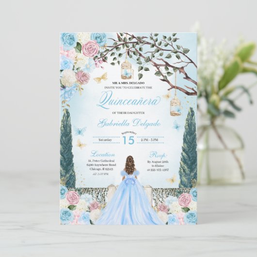 Invitation Princesse rose et bleue Jardin enchanté Quinceaner (Debout devant)