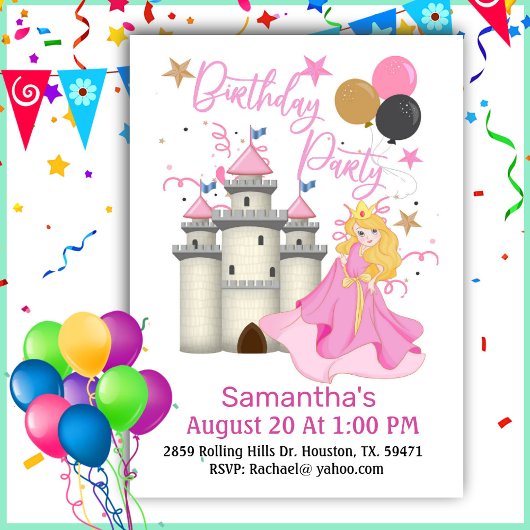 Invitation Princesse Rose Et Castle Girl Anniversaire